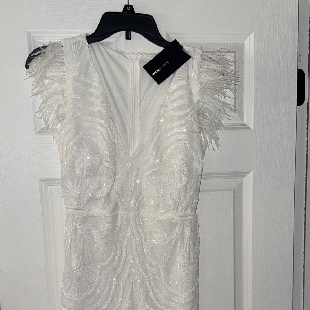 Fashion Nova White Feathered Sequin Dress